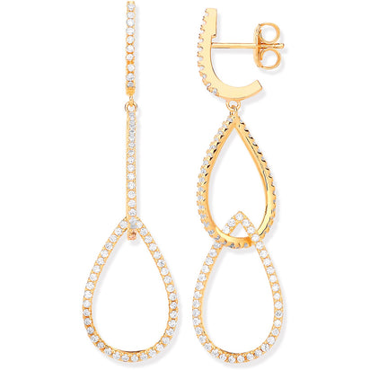 Silver Yellow Gold Plated CZ Pear Shape Drop Earrings