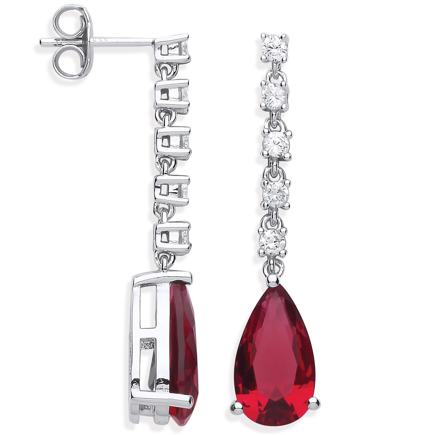 Silver Ruby Red Pear Shape CZ Drop Earrings