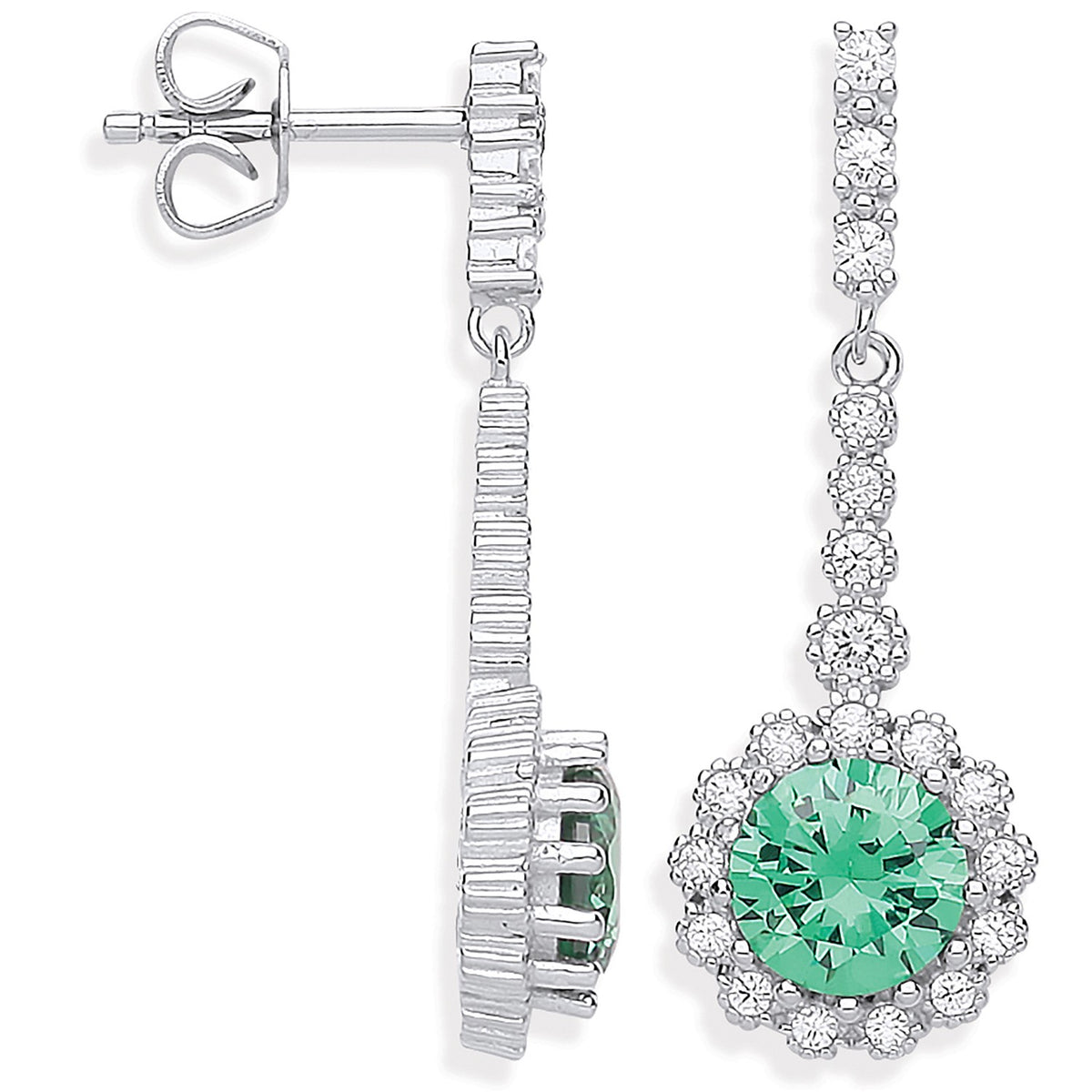 Silver Round Green CZ Long Drop Earrings