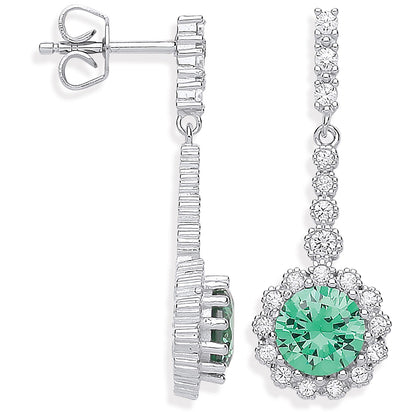 Silver Round Green CZ Long Drop Earrings