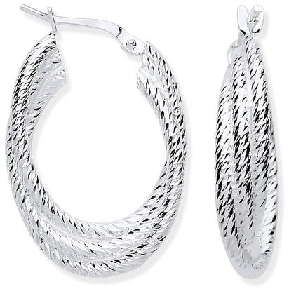 Silver Ribbed Oval 3 Row Hoop Earrings