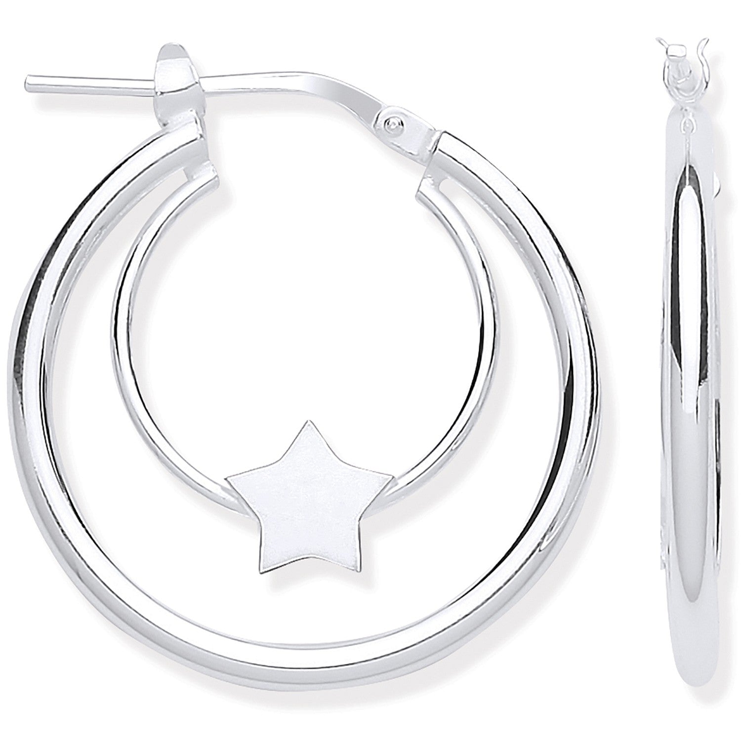 Silver Double Tube Star Hoop Earrings