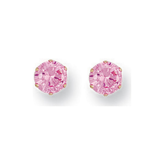 Yellow Gold 5mm Claw Set Pink Cz Studs