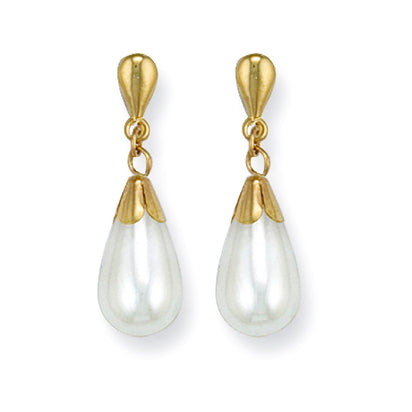 Yellow Gold Simulated Pearl Drop Studs