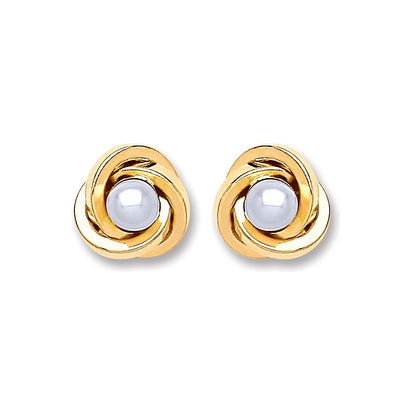 9ct Gold Simulated Pearl Knot Studs