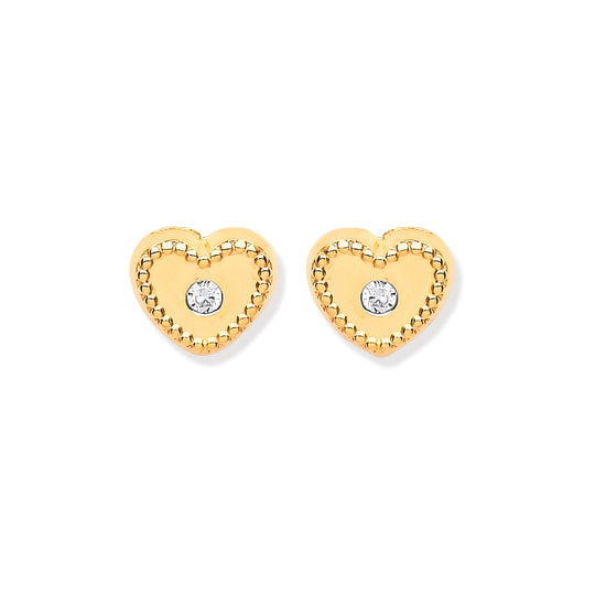 9ct Yellow Gold Heart Ribbed Edge with CZ Studs