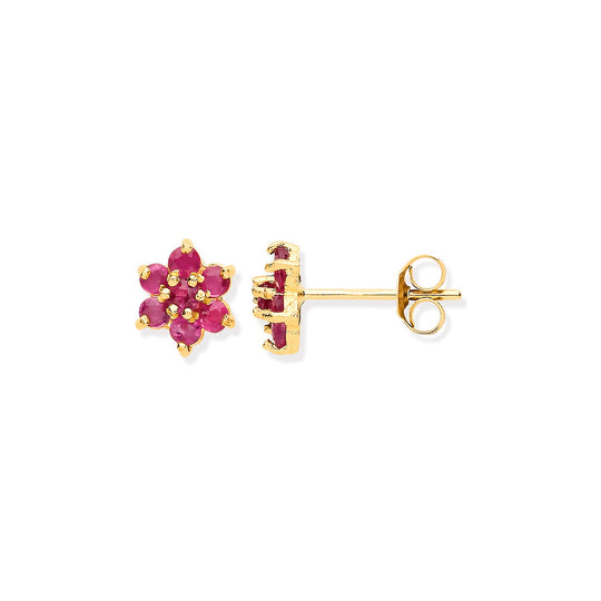 9ct Yellow Gold Ruby Flower Studs