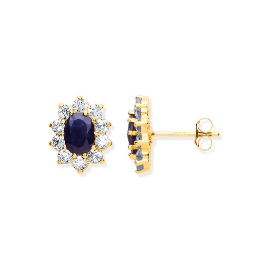 9ct Yellow Gold Black Sapphire & CZs Cluster Studs