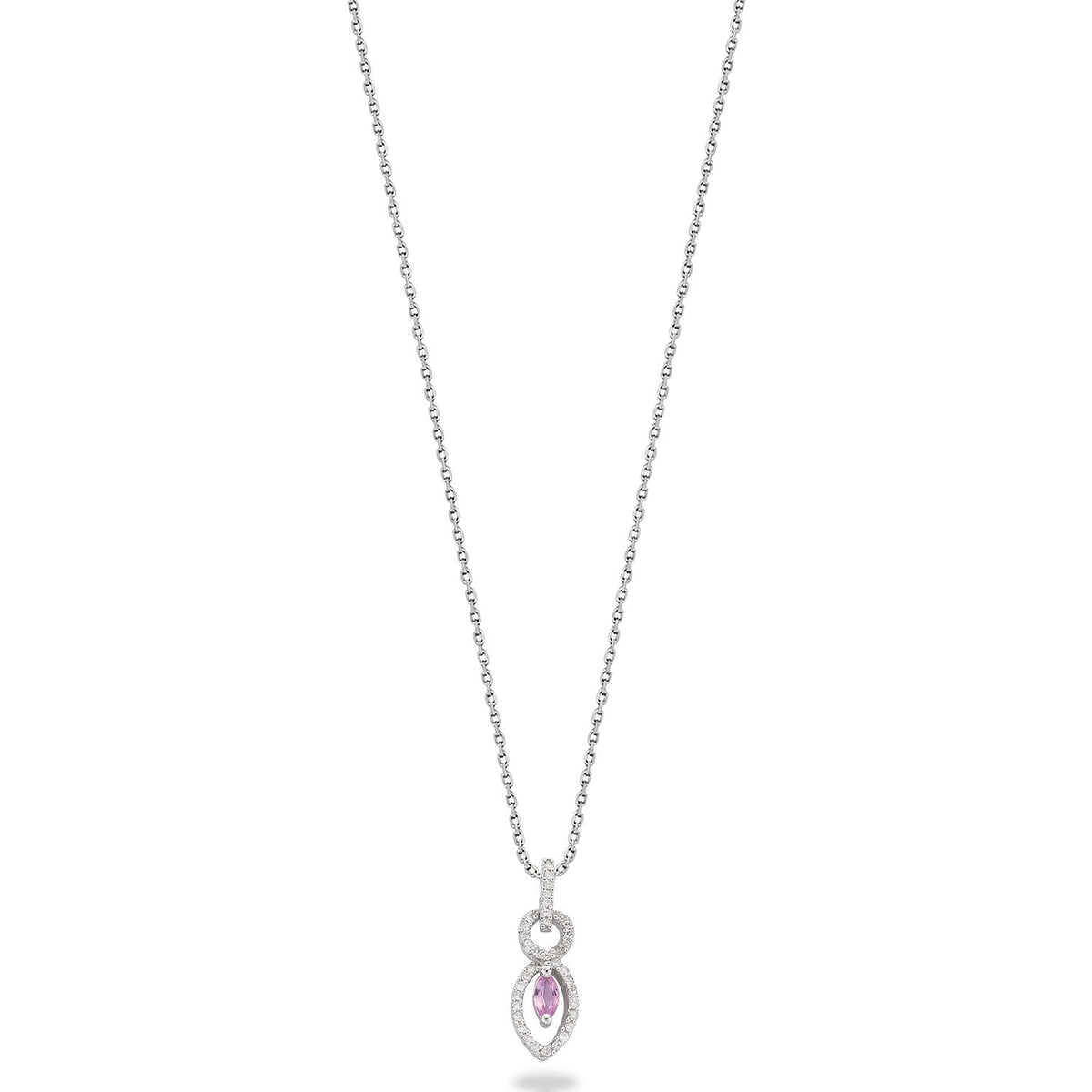 9ct White Gold 0.21ct Diamond &amp; 0.27ct Pink Sapphire Drop Pendant with 18in/45cm Chain