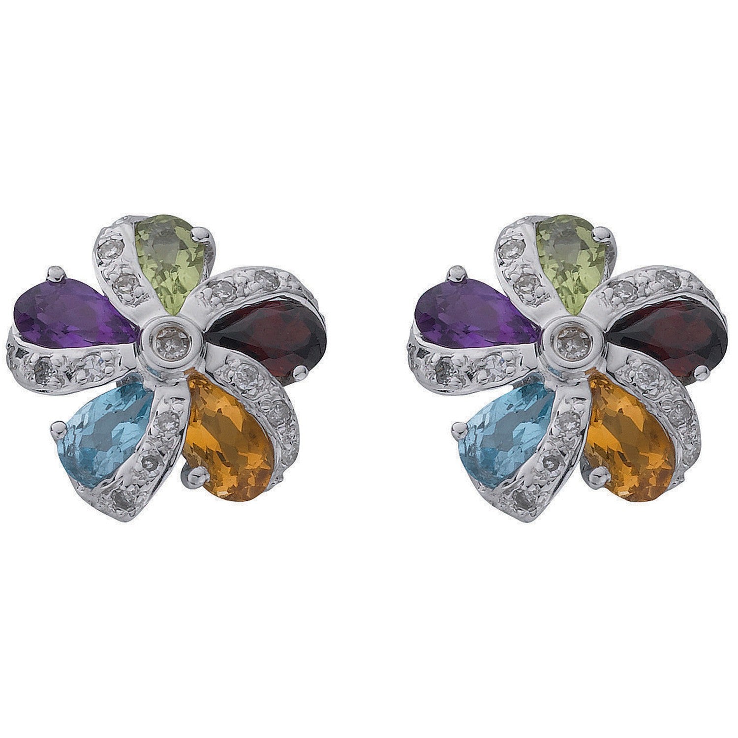 9ct White Gold 0.12ct Diamond & Multi Colour Gems Flower/Cluster Earrings