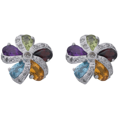 9ct White Gold 0.12ct Diamond & Multi Colour Gems Flower/Cluster Earrings