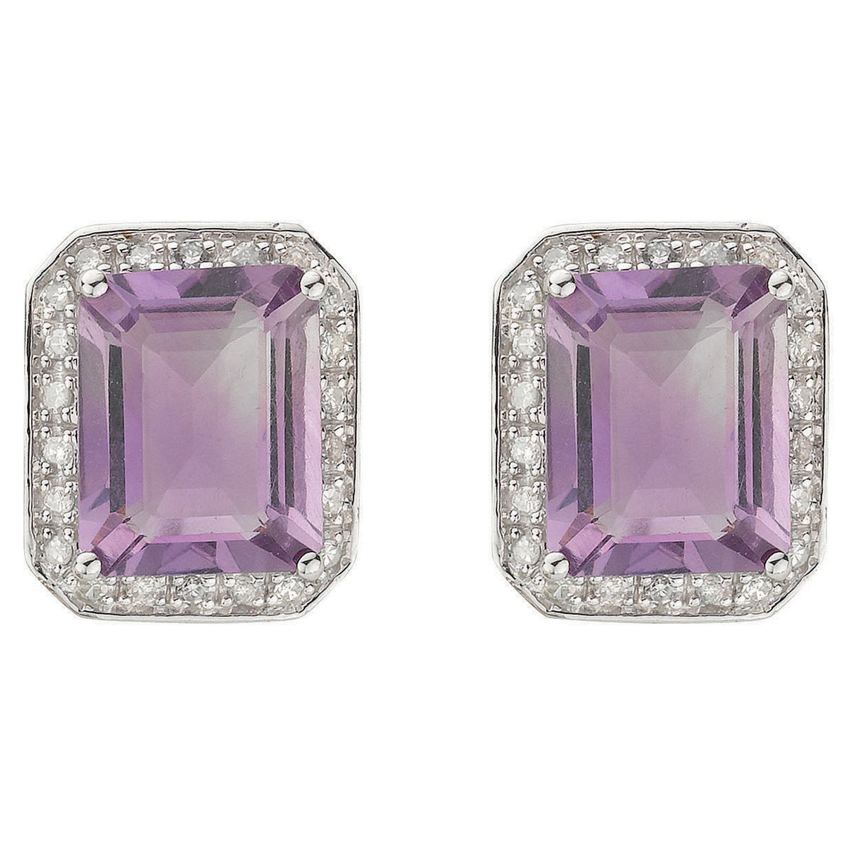 9ct White Gold Diamond &amp; Amethyst Stud Earrings