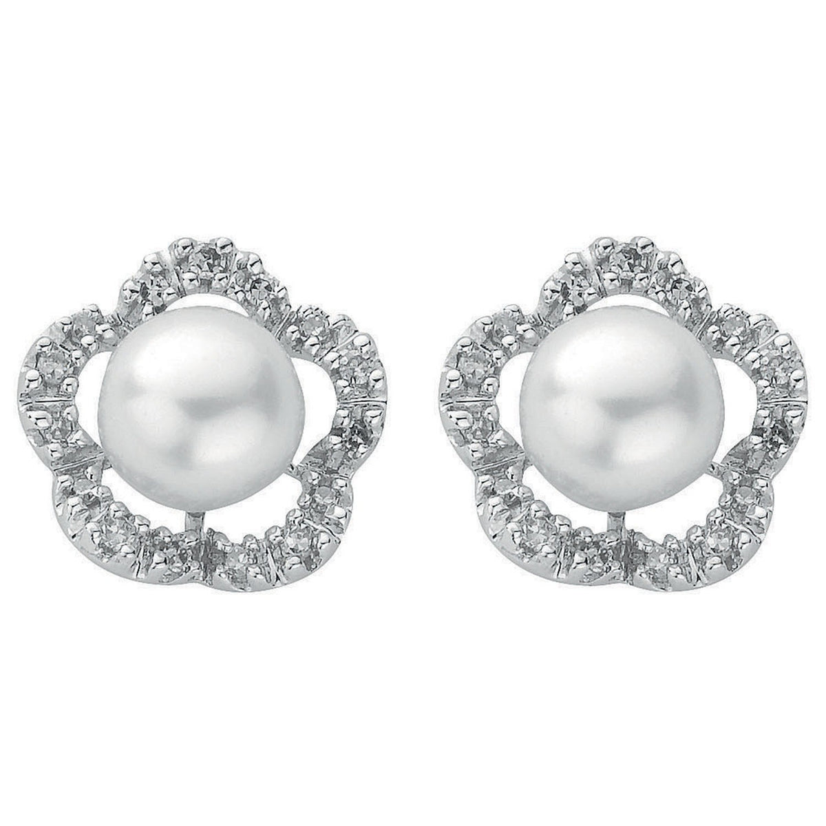 9ct White Gold 0.17ct Diamond &amp; Pearl Stud Earrings