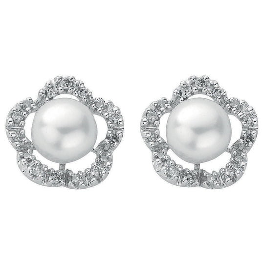 9ct White Gold 0.17ct Diamond & Pearl Stud Earrings