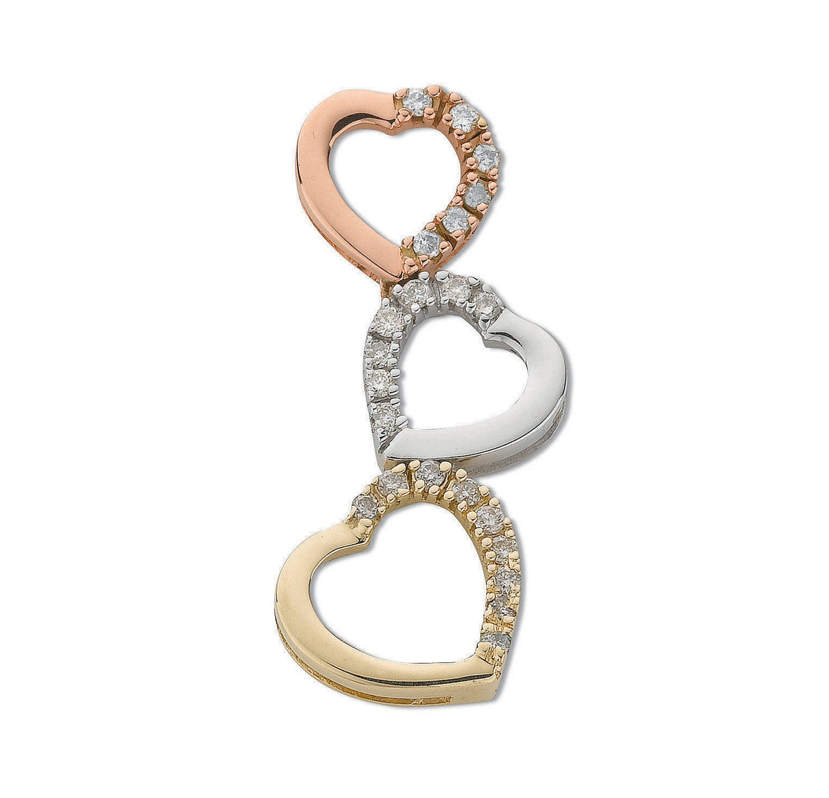 9ct Three Colour Gold 0.15ct Diamond Heart Drop Pendant