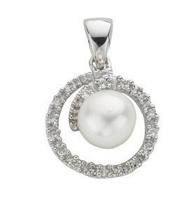 9ct White Gold 0.10ct Diamond &amp; Freshwater Pearl Pendant