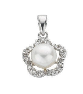 9ct White Gold 0.10ct Diamond &amp; Freshwater Pearl Pendant