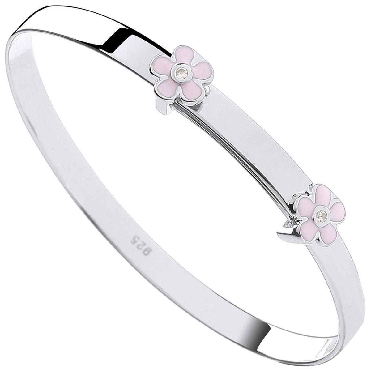 Silver Pink Enamel &amp; CZ Flowers Expandable Baby Bangle