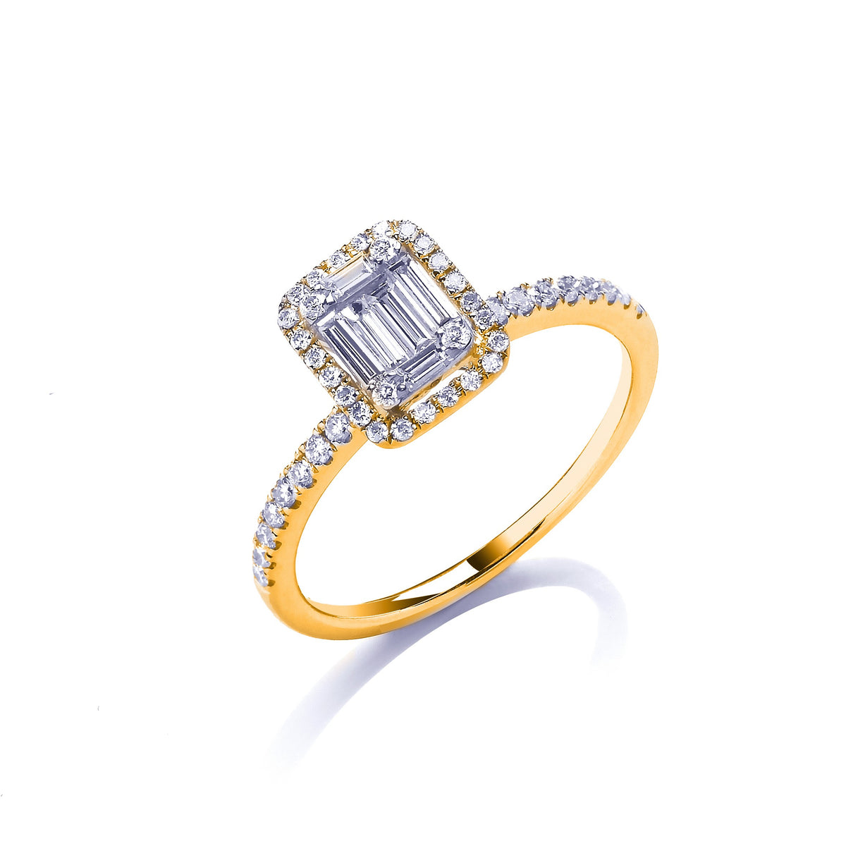 18ct Yellow Gold 0.50ct Baguette &amp; Brilliant Cut Diamonds Rectangle Halo Ring