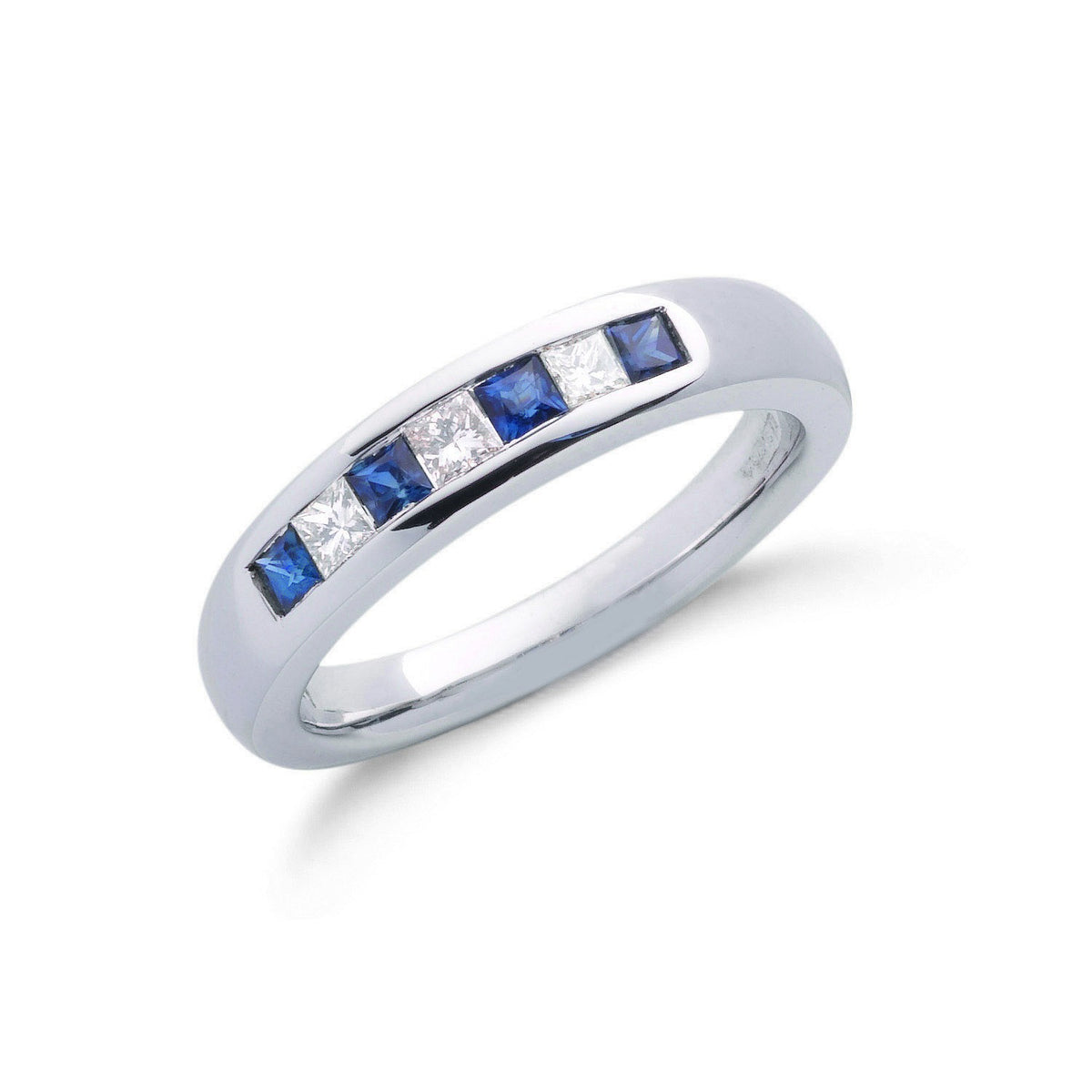9ct White Gold Princess Cut 0.20ct Diamond &amp; 0.35ct Blue Sapphire Eternity Ring
