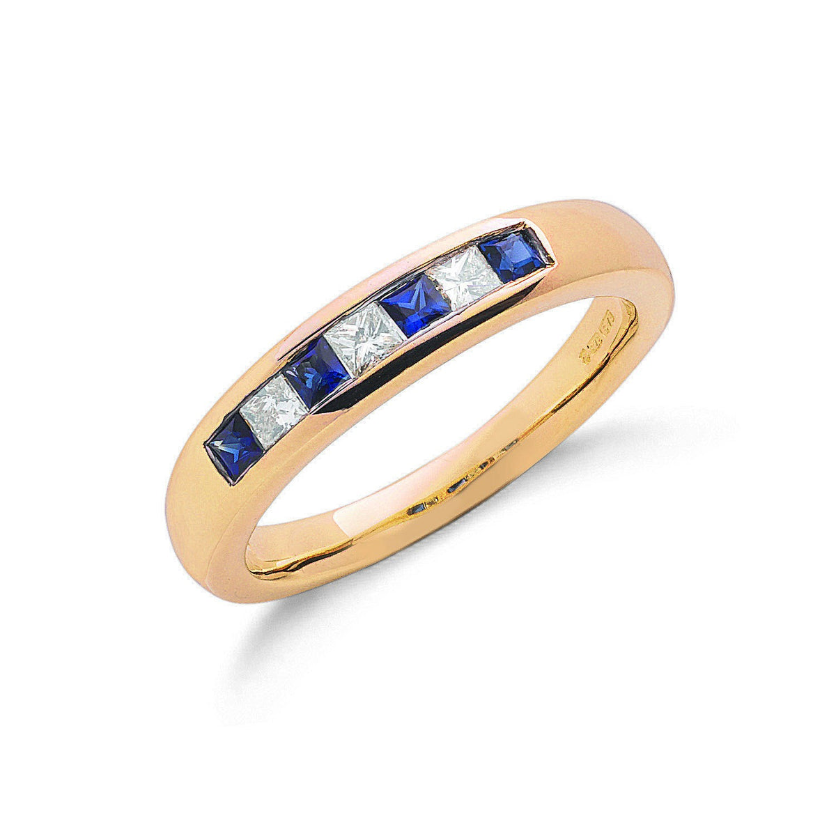 9ct Yellow Gold Princess Cut 0.20ct Diamond &amp; 0.35ct Blue Sapphire Eternity Ring