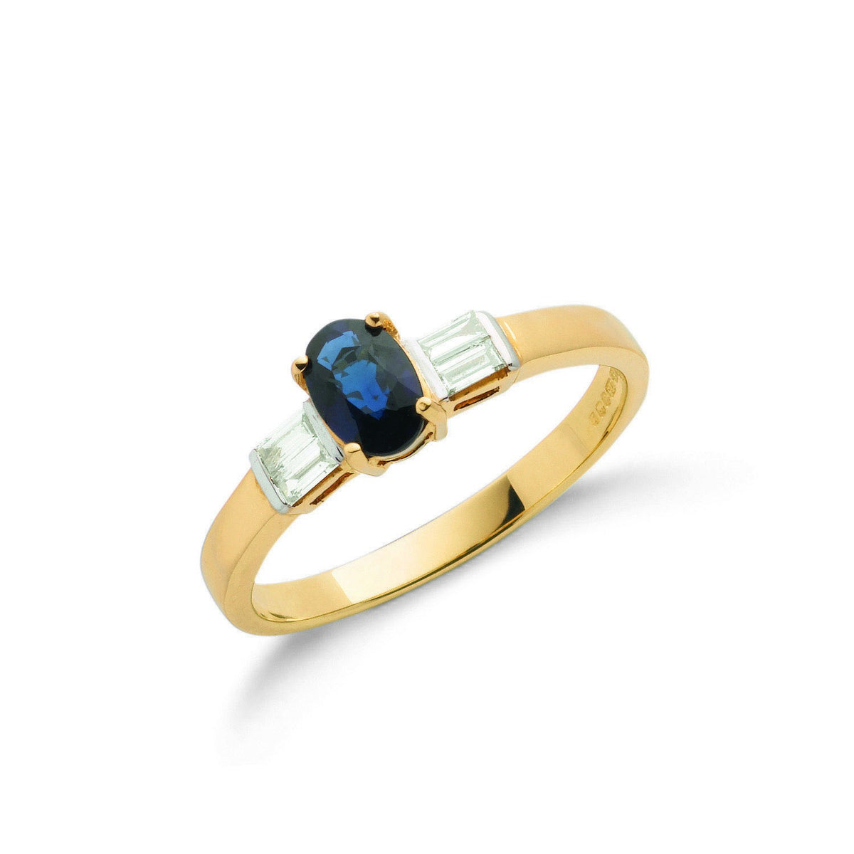 9ct Yellow Gold Baguette Cut 0.11ct Diamond &amp; 0.60ct Blue Sapphire Ring