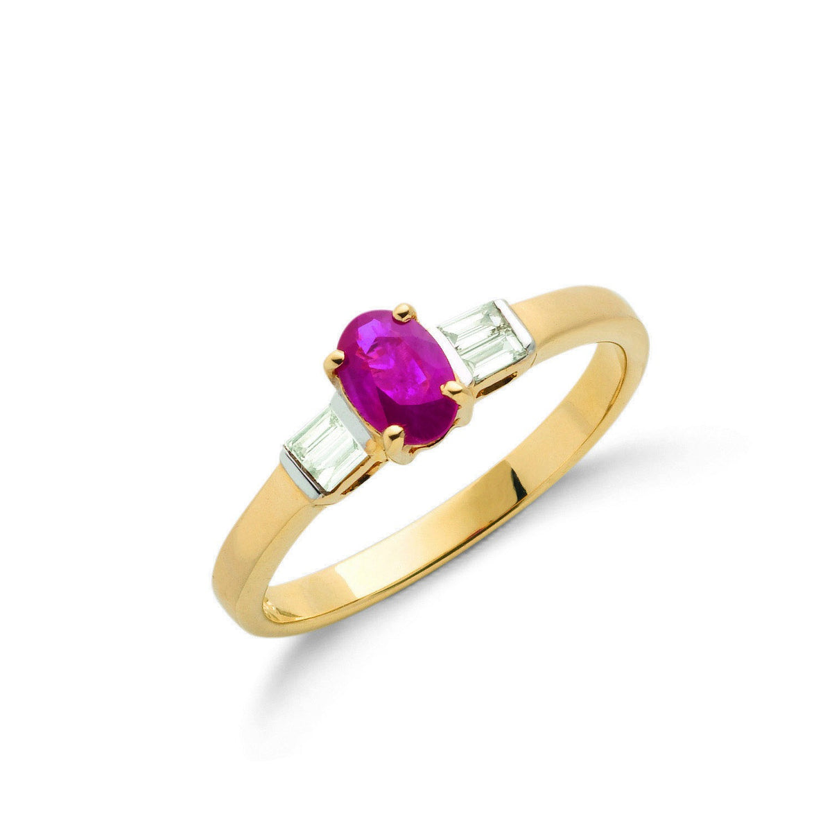 9ct Yellow Gold Baguette Cut 0.11ct Diamond &amp; 0.60ct Ruby Ring