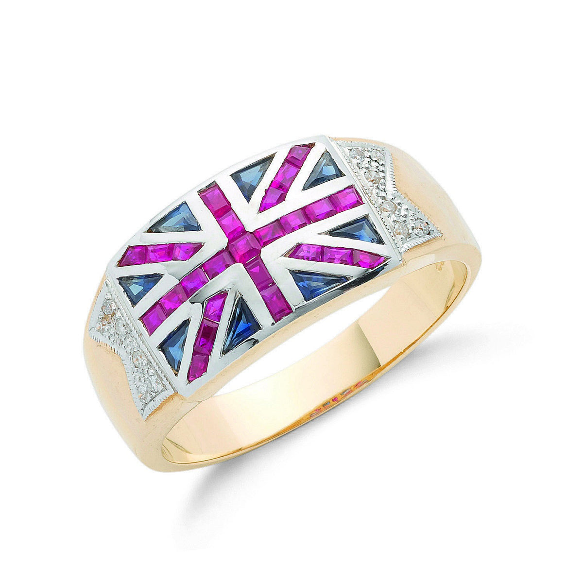 9ct Yellow Gold 0.06ct Diamond 0.30ct Blue Sapphire &amp;1.00ct Ruby Union Jack Ring