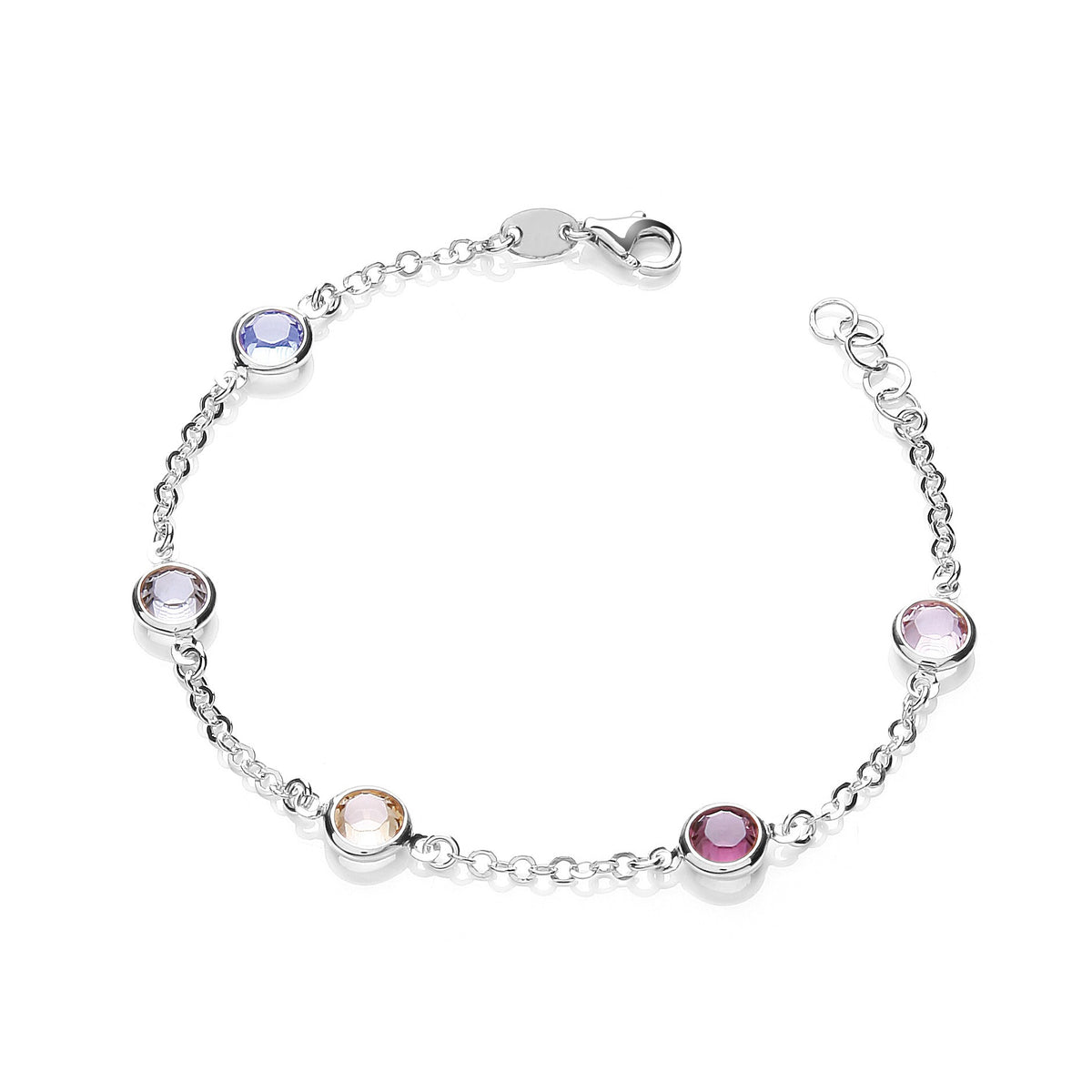 Silver 5 Multi Coloured Rubover Cz&#39;s 7&quot;/19cm Bracelet