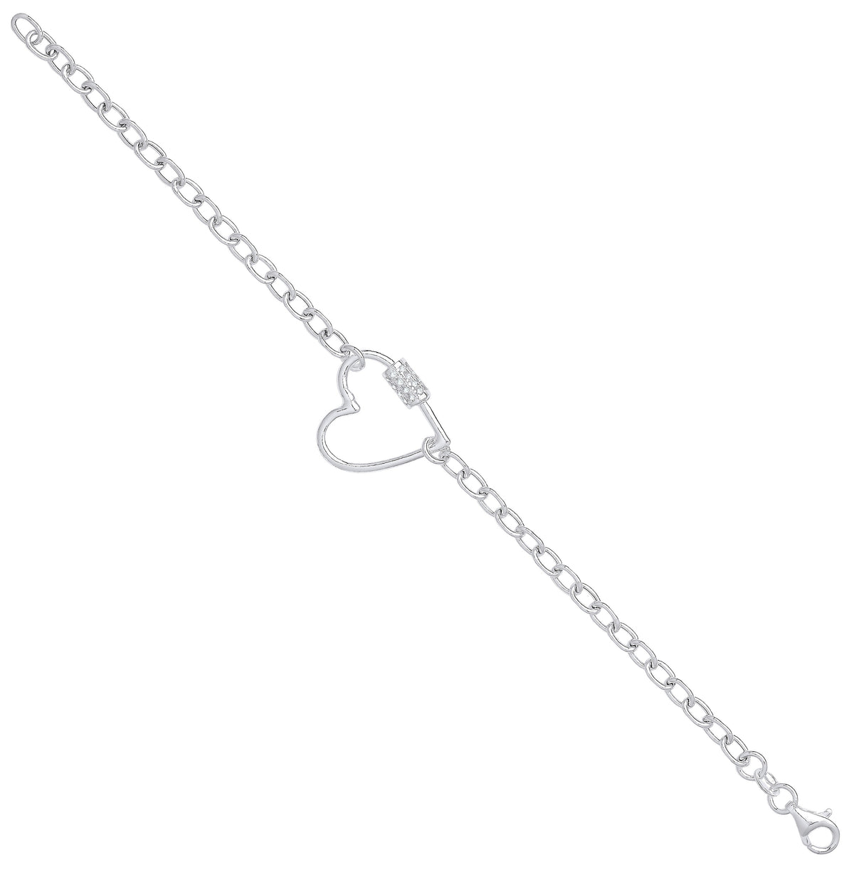 Silver Oval Link Chain , Heart Cz Charm Bracelet