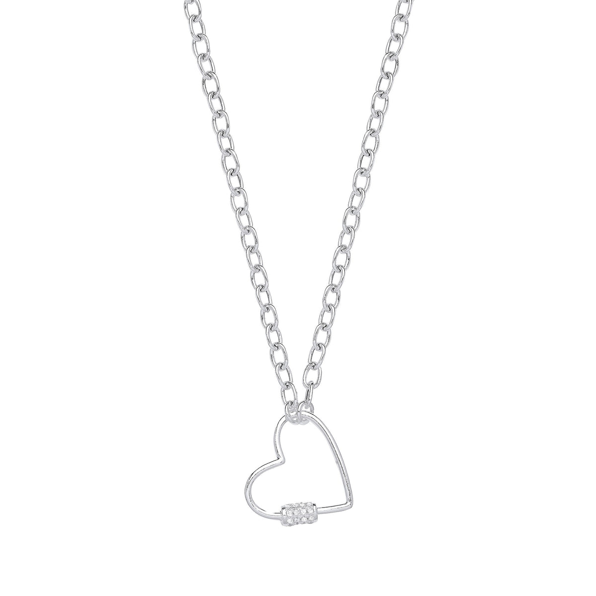 Silver Oval Link Chain , Heart Cz Charm Necklace