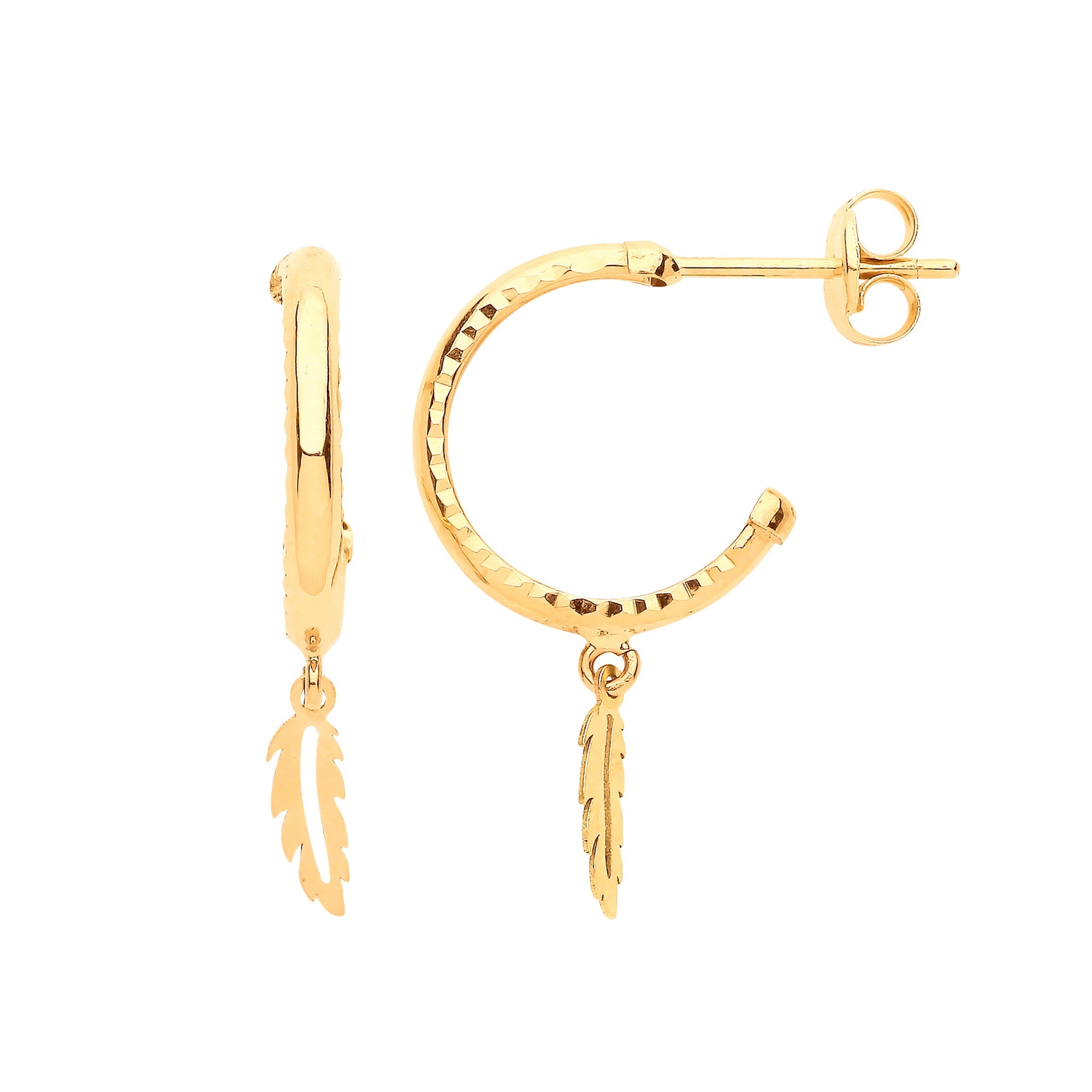 9ct Yellow Gold D/C Hoop Studs with Feather Drop