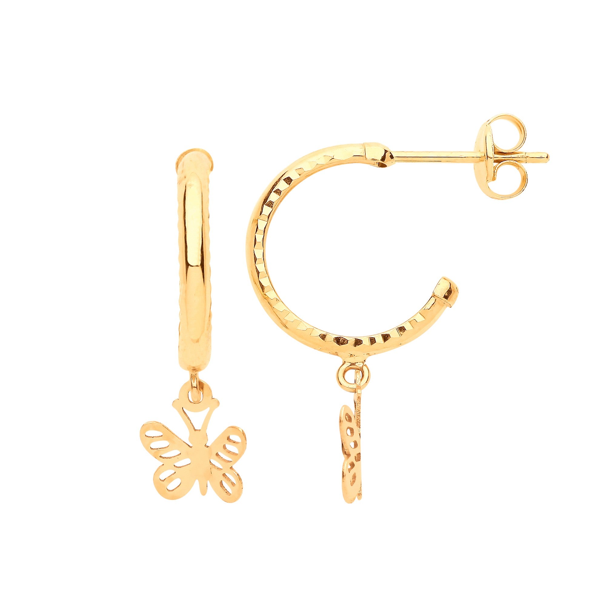 9ct Yellow Gold D/C Hoop Studs with Butterfly Drop
