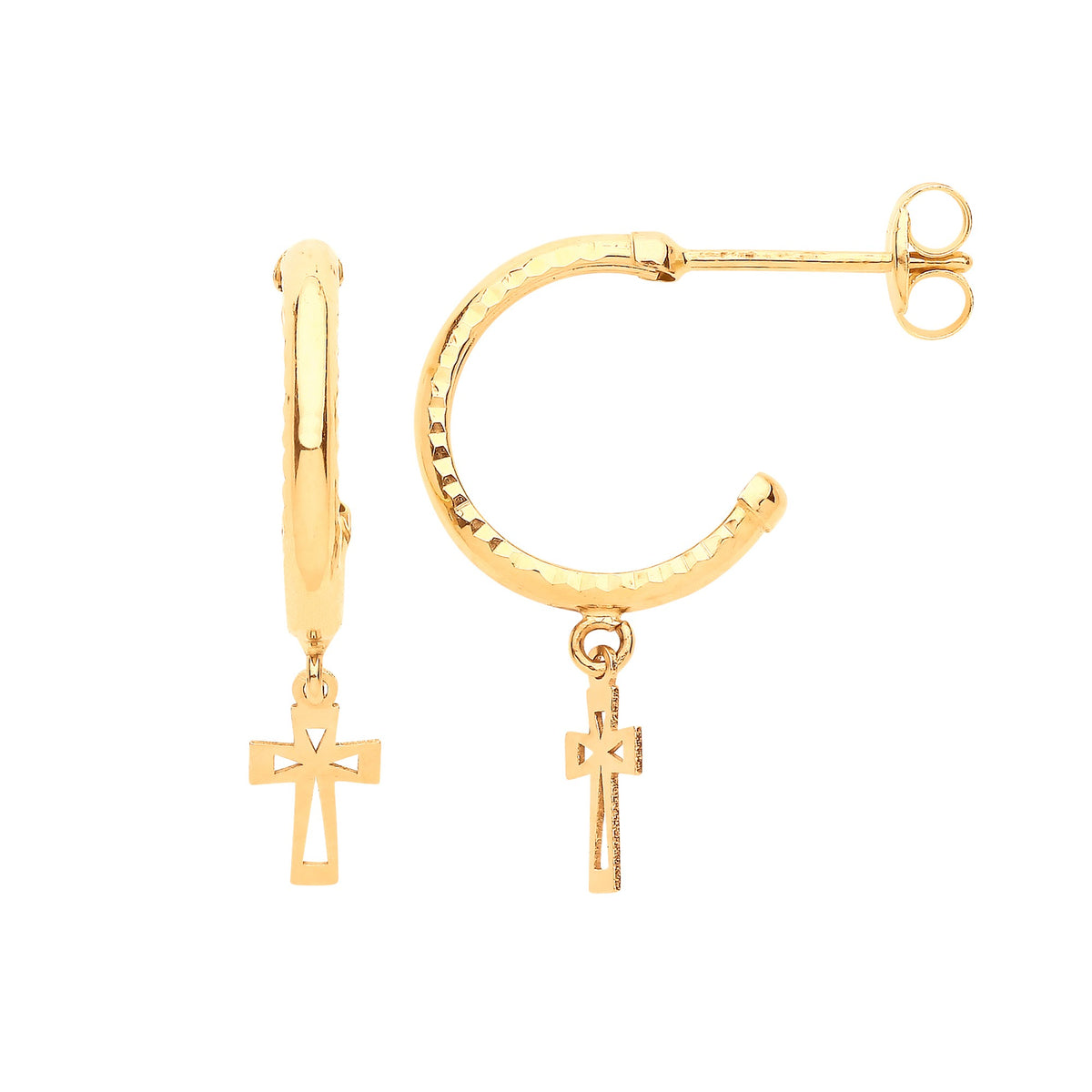 Yellow Gold D/C Hoop Studs with Cross Drop