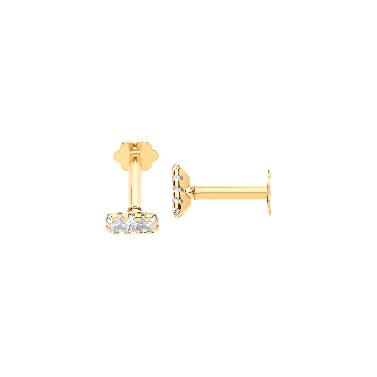 Yellow Gold 2 x Princess Cut CZs, Ear Cartilage Stud