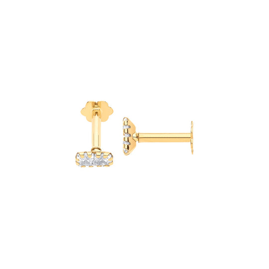 Yellow Gold 2 x Princess Cut CZs, Ear Cartilage Stud