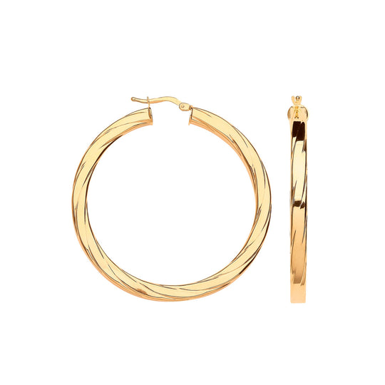 Yellow Gold 48mm Square Tube Ribbed Hoop Earrings