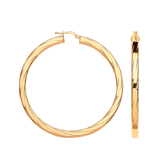 Yellow Gold 60mm Square Tube Ribbed Hoop Earrings