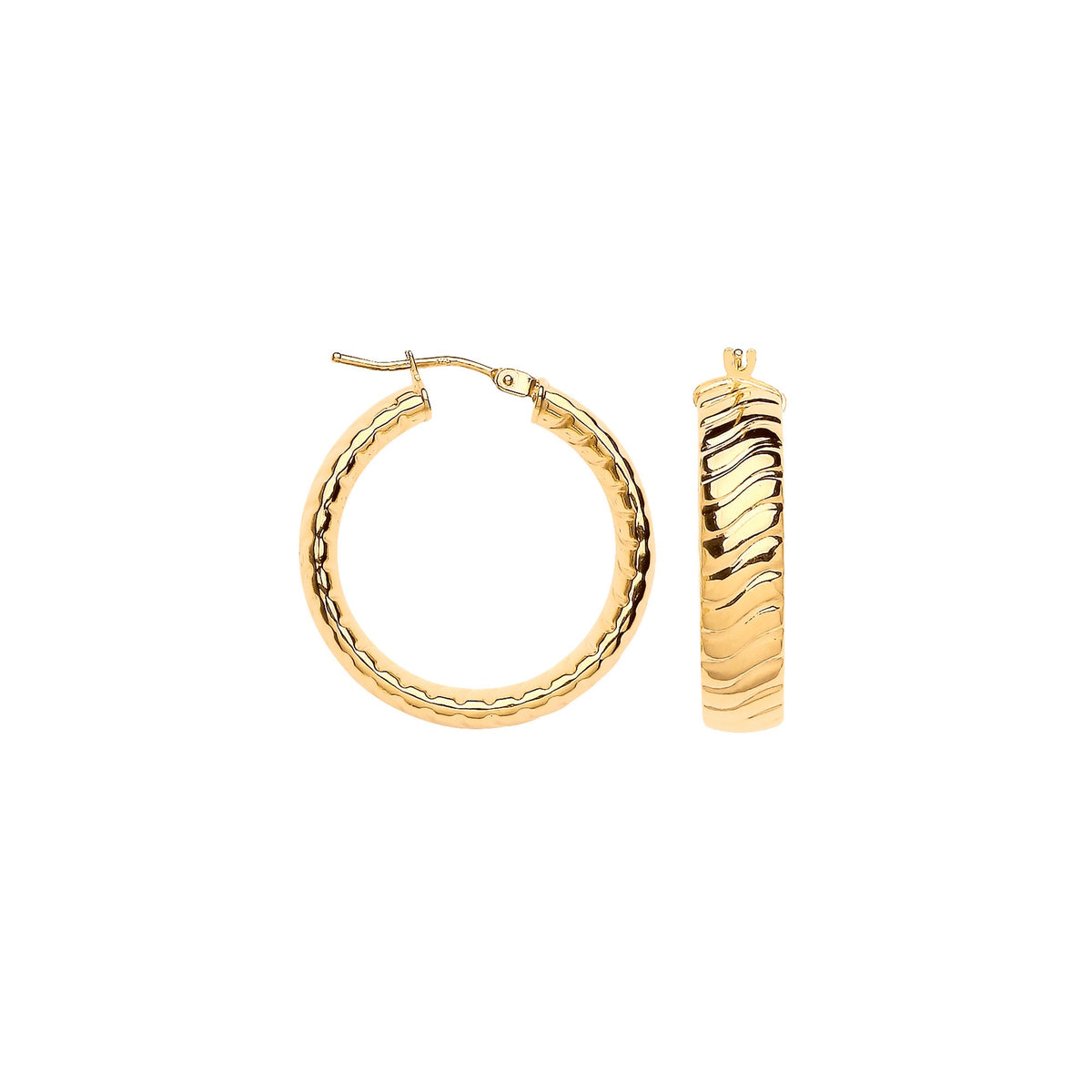 Yellow Gold 25mm Wavy Ribbed Hoop Earrings