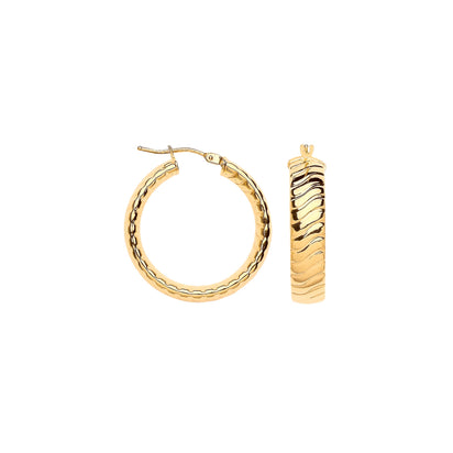 Yellow Gold 25mm Wavy Ribbed Hoop Earrings