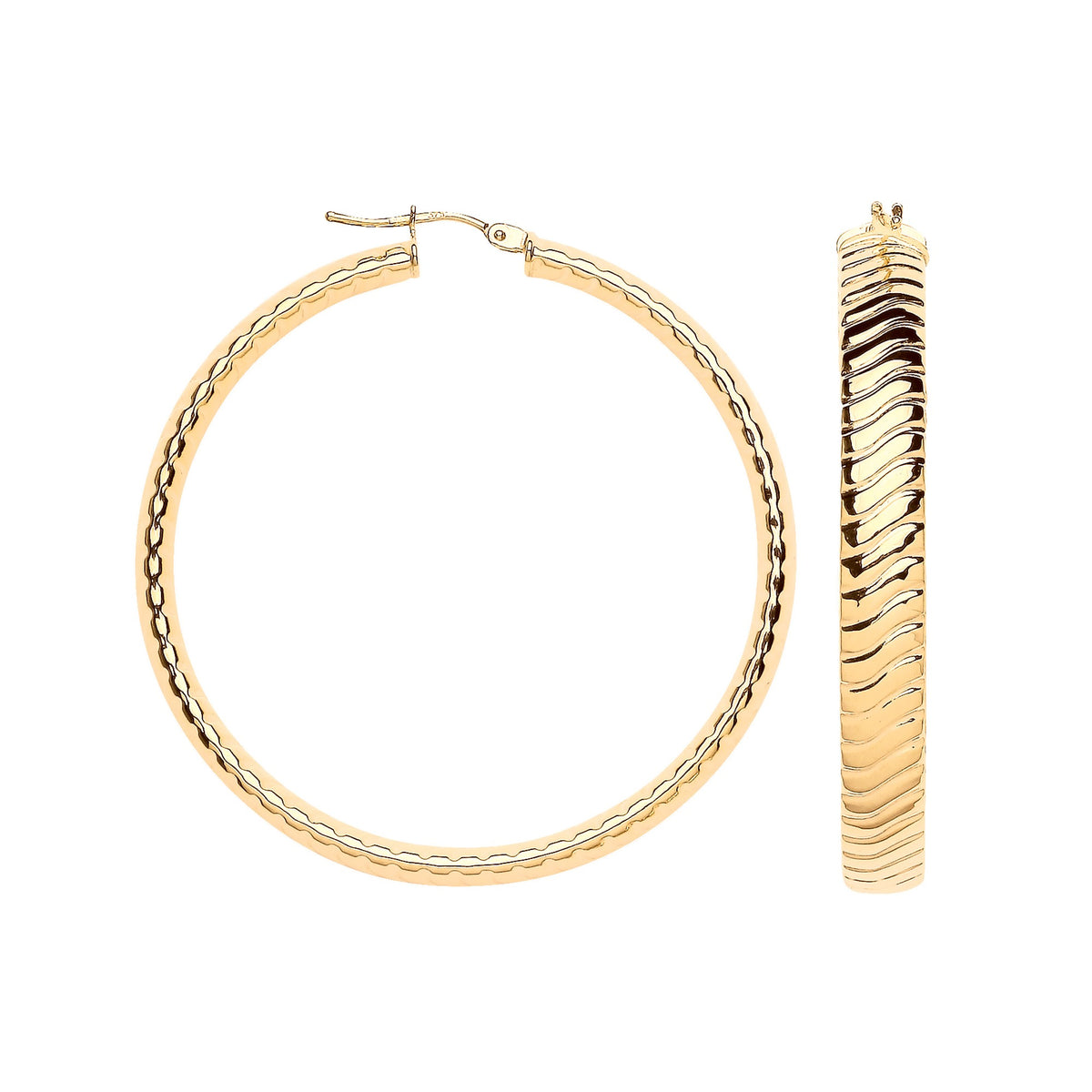Yellow Gold 46mm Wavy Ribbed Hoop Earrings