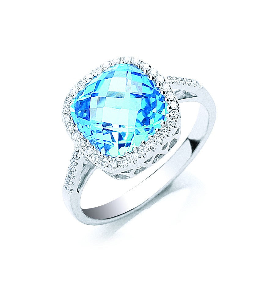 9ct White Gold 0.15ct Diamond &amp; 3.50ct Blue Topaz Ring