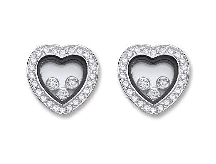 Silver Floating Cz Heart Stud Earrings