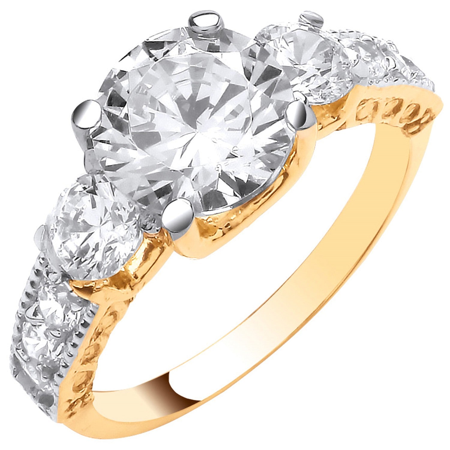 Yellow Gold Graduated Trilogy Ring with Shoulder CZs