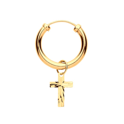 Yellow Gold Sleeper with Cross Charm Men's Single Earring