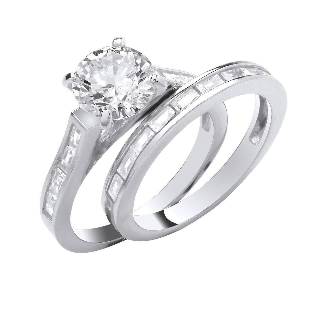 Silver Round &amp; Baguette, 8.0mm Centre CZ Bridal Set Rings