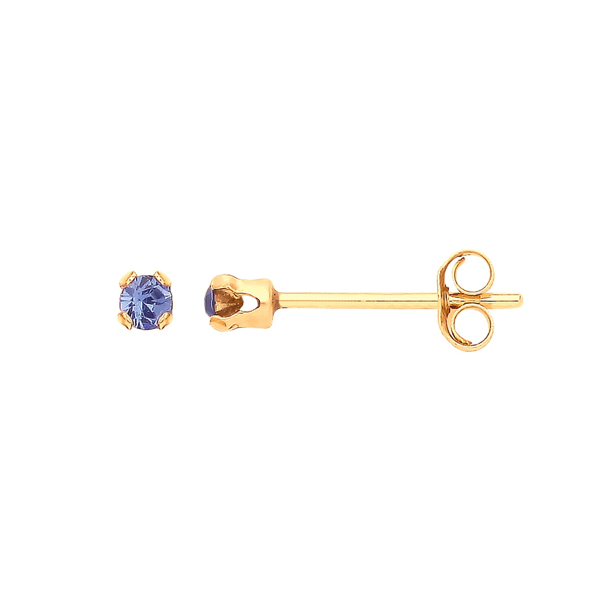 9ct Yellow Gold 2mm Claw Set Blue Crystal Studs