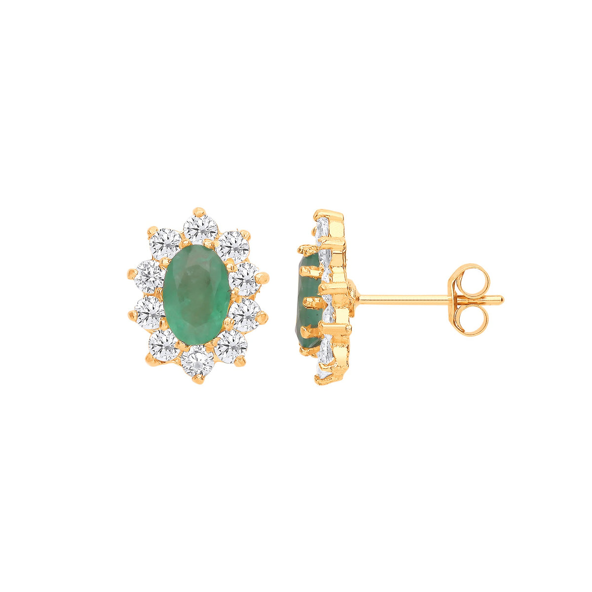 9ct Yellow Gold Emerald &amp; CZs Cluster Studs