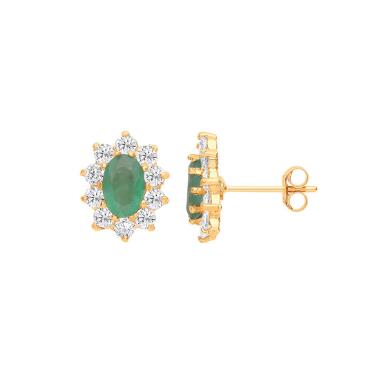 9ct Yellow Gold Emerald & CZs Cluster Studs