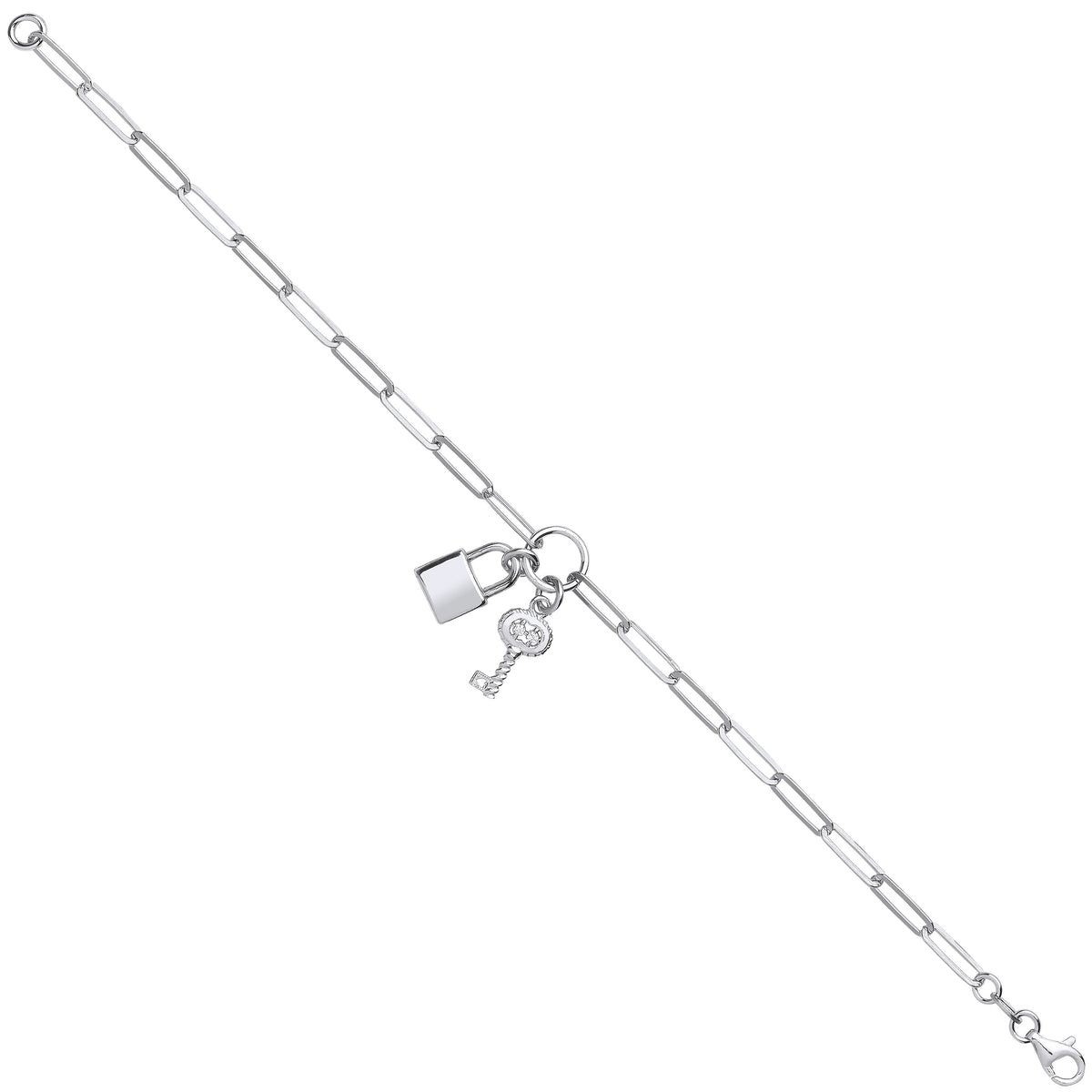 Silver Paperclip Chain , Padlock &amp; CZ Key Bracelet